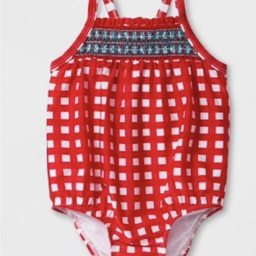 Kids Girl 2T  Month Red Gingham One-Piece Swimsuit with Smocked Detail